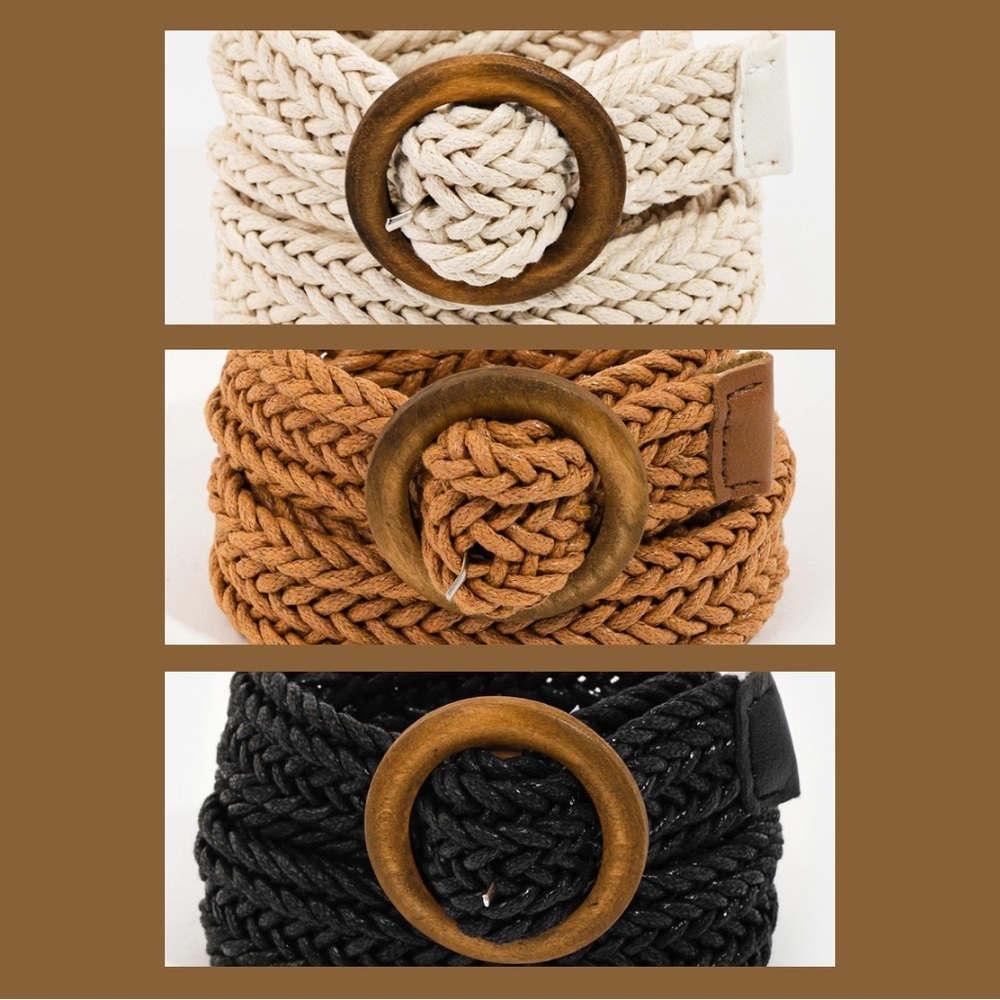 Wooden Circle Buckle Braided Belt 44” | Ivory, Black or Khaki